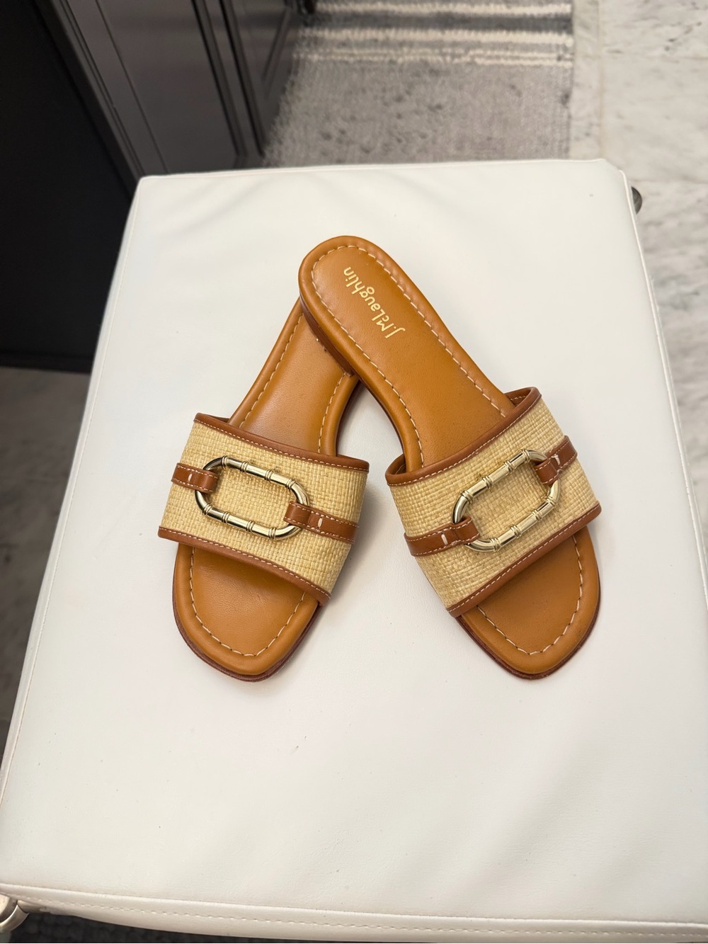 Women's Tan Raffia Slide Sandals with Gold Chain Accent